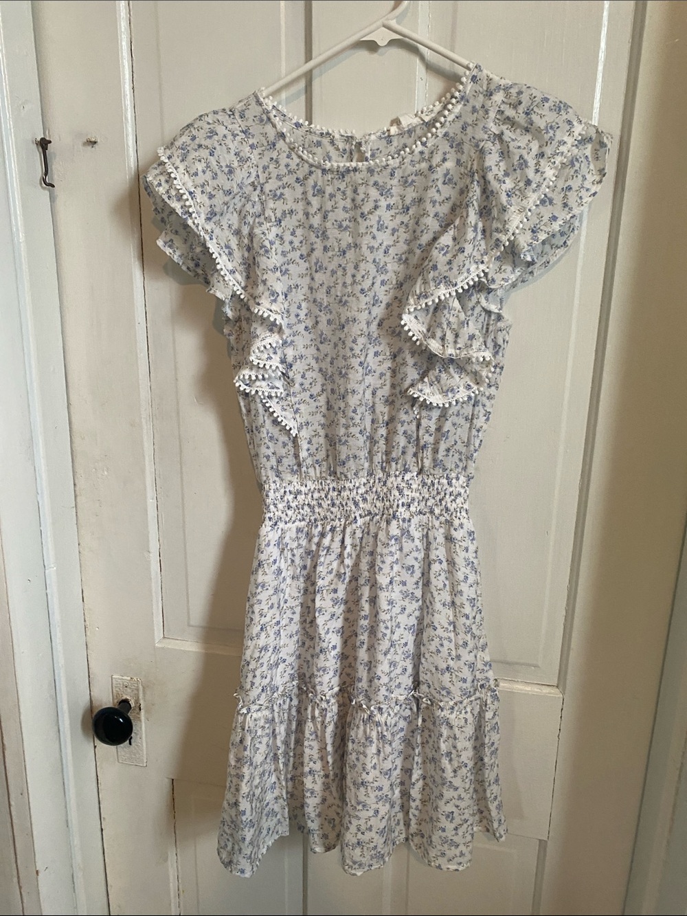 Blu Pepper White Dress with Light Blue Floral Ruffles